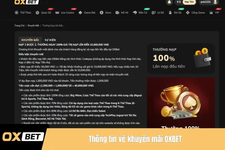 Thông tin về khuyến mãi OXBET